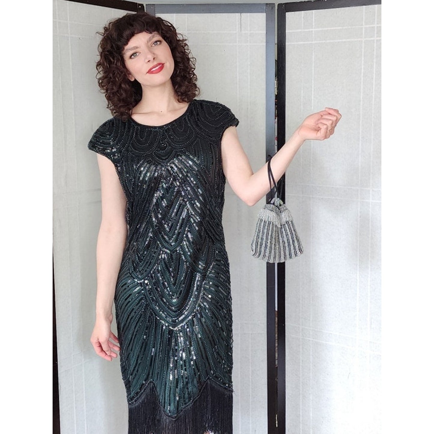 Vintage 20s Beaded Evening Bag Black Silk Pouch Flapper Purse