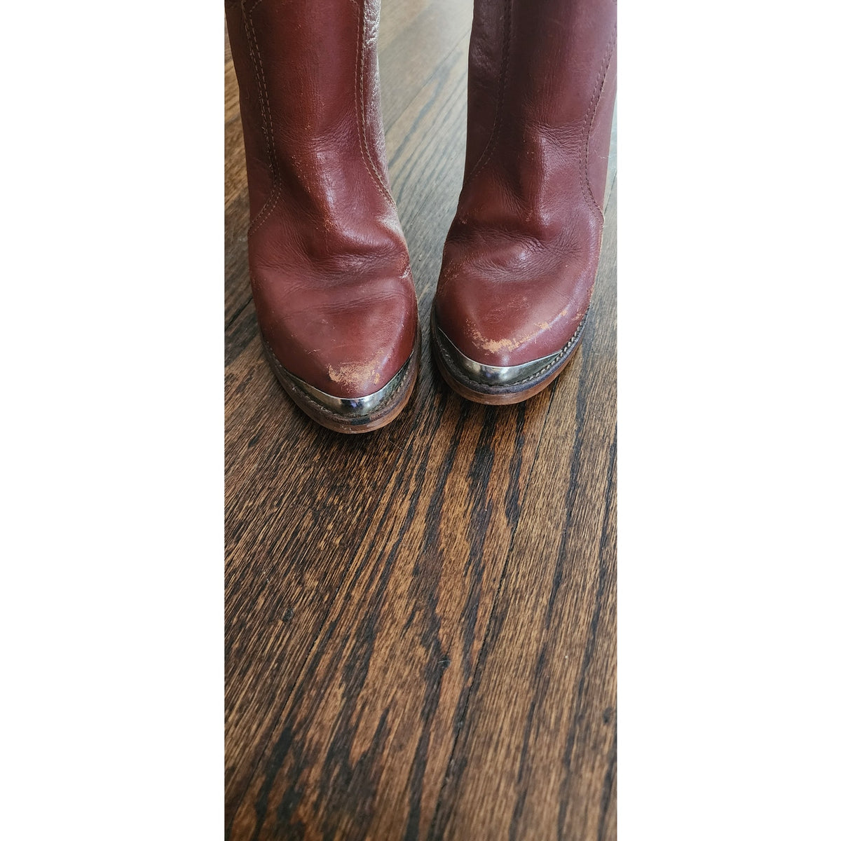 Vintage 1970s Knee Boots Brown Leather High Heels Circle S Size 7 Boho Style