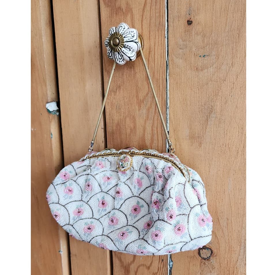 Vintage 50s Beaded Handbag Michel Swiss White Pastel French Purse Microbeading