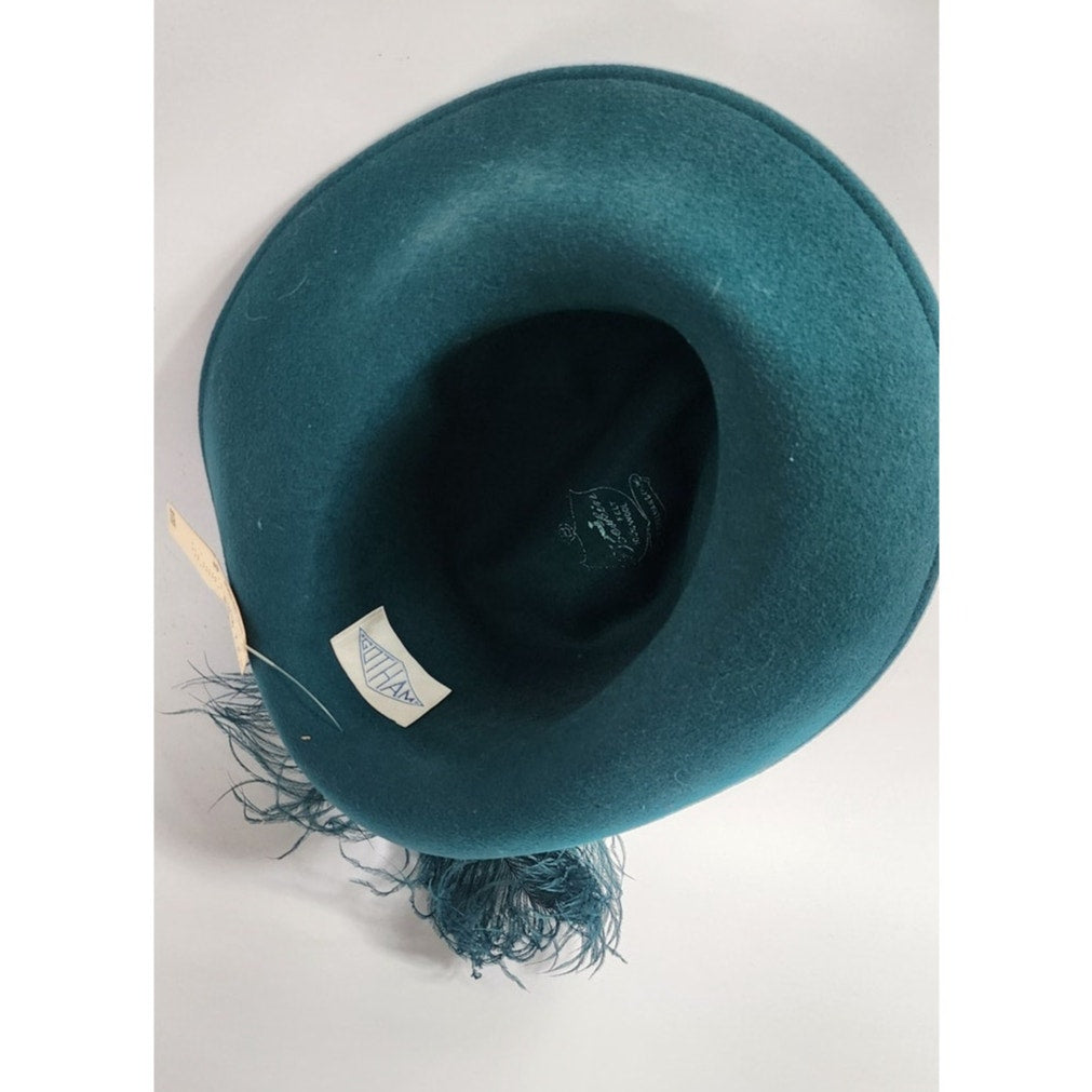 Vintage 1970s Teal Blue Wool Hat w/Large Feather by Gotham NWT
