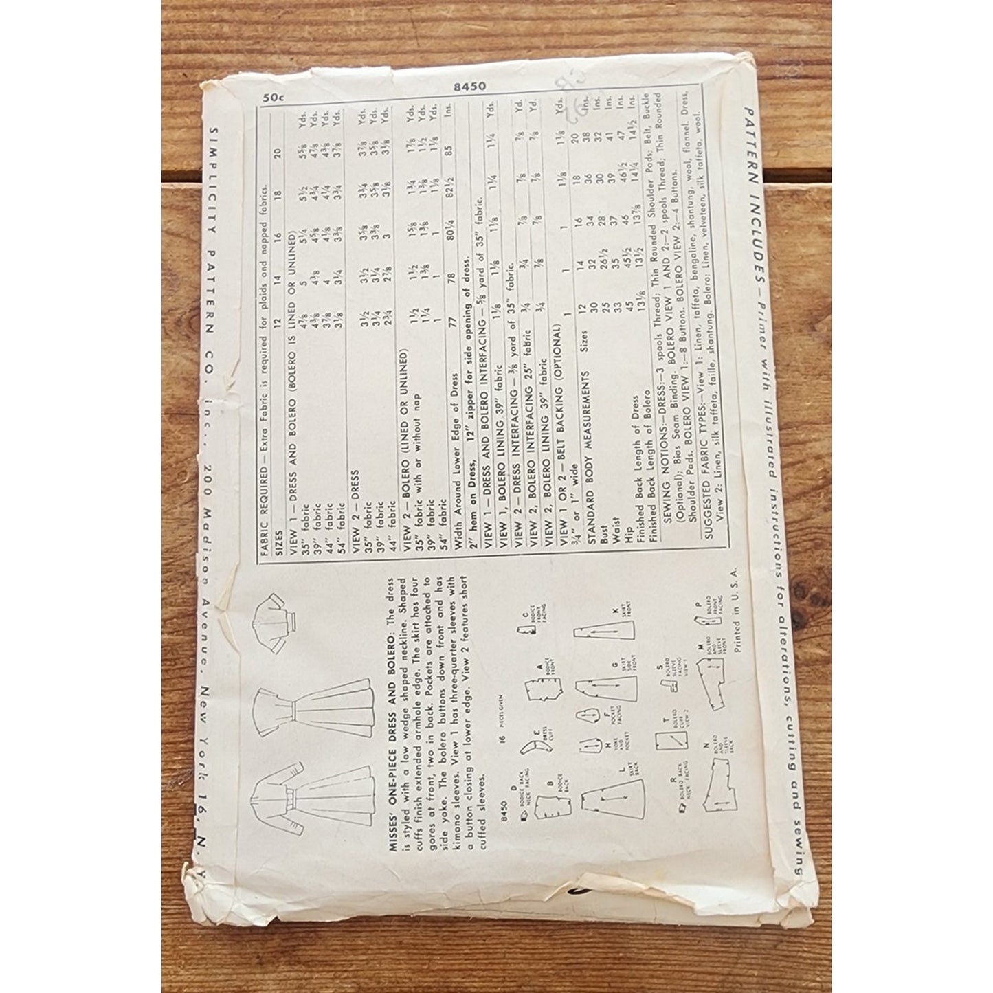 Vintage 1950s Sewing Pattern ORIGINAL: Dress + Bolero Jacket Simplicity 8450 Bust 34