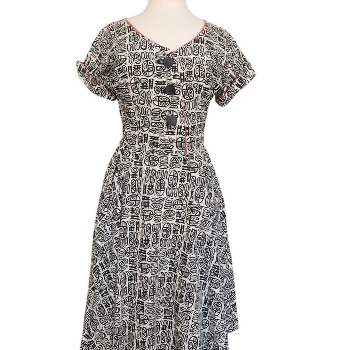 Vintage 50s Cotton Print Day Dress Black White MCM Tiki Pattern Rockabilly Short Sleeved / M