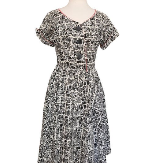 Vintage 50s Cotton Print Day Dress Black White MCM Tiki Pattern Rockabilly Short Sleeved / M