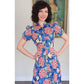 Vintage 30s Blue Floral House Dress Maxi Lounger Puff Sleeve Zip Front XS
