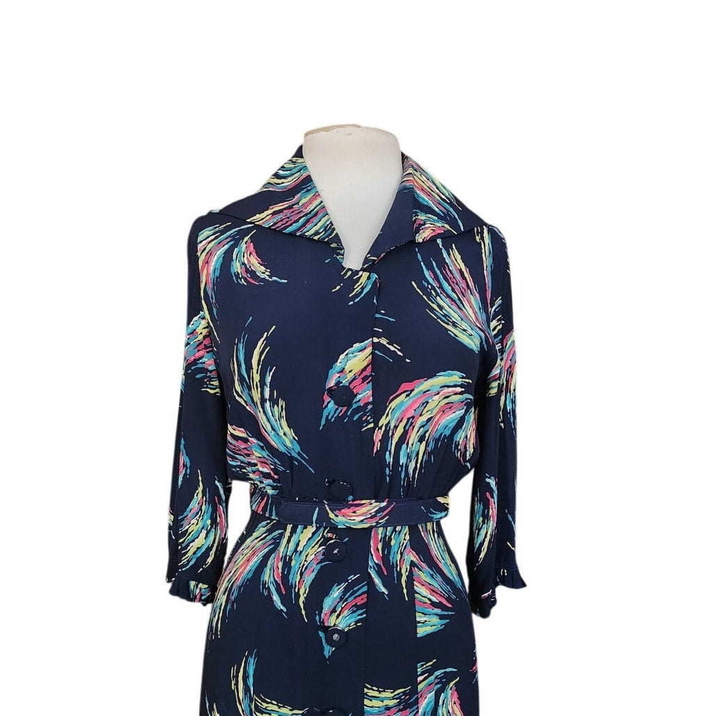 Vintage 40s Rayon Print Midi Dress Navy Blue Painterly Print / S