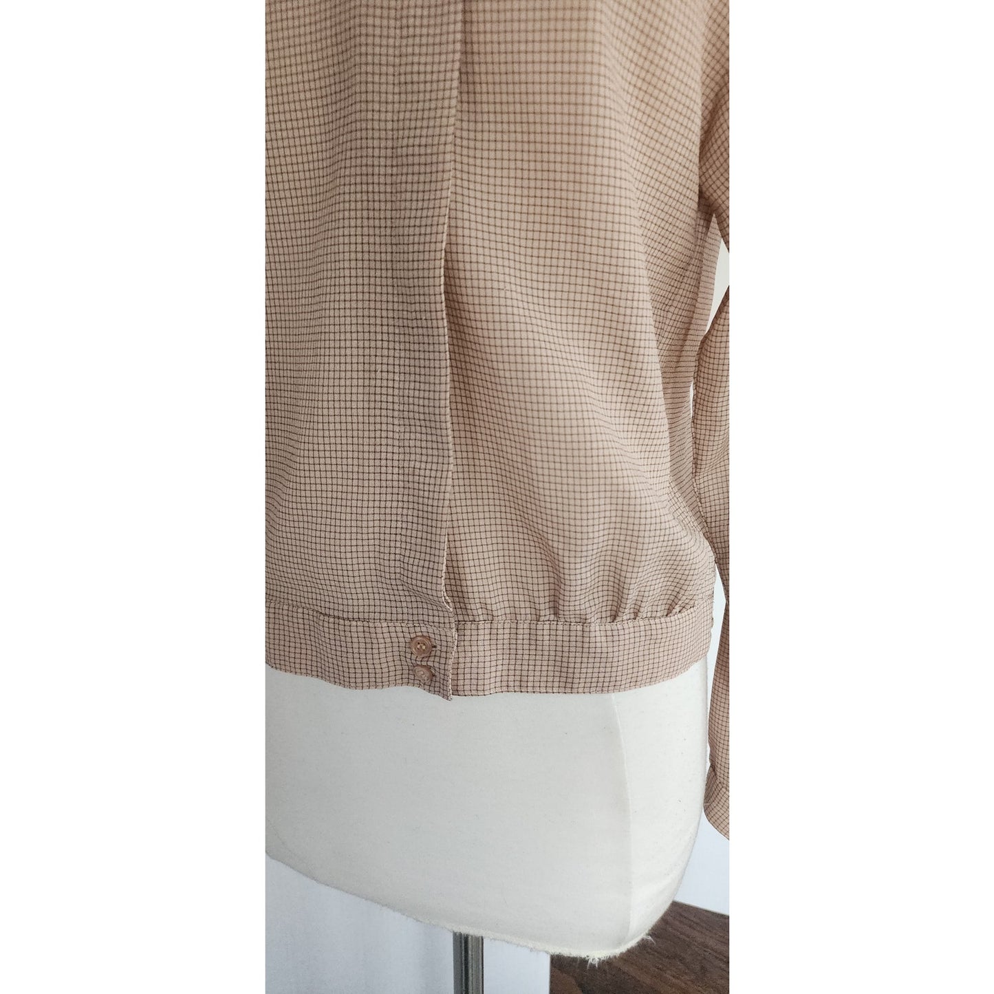 Vintage 80s Beige Blouse Microgrid Print Pleated Ruffled Collar  Pierre Cardin