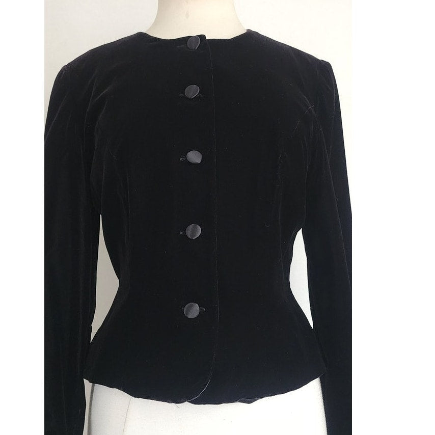 Vintage 80s Black Velvet Blazer Fitted Jacket Maggy London / S