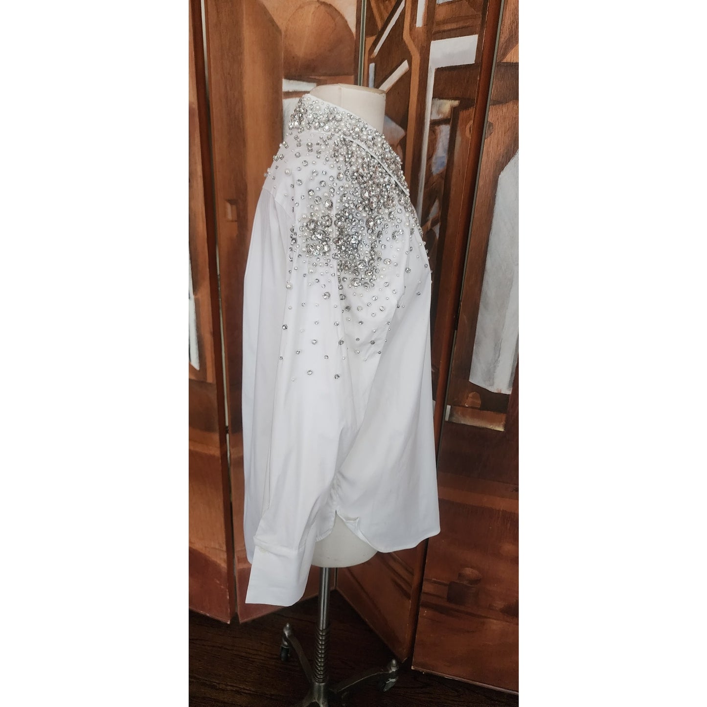 Alice + Olivia White Shirt Embellished Silver Rhinestone Crystal Beads Long Sleeve Button Down