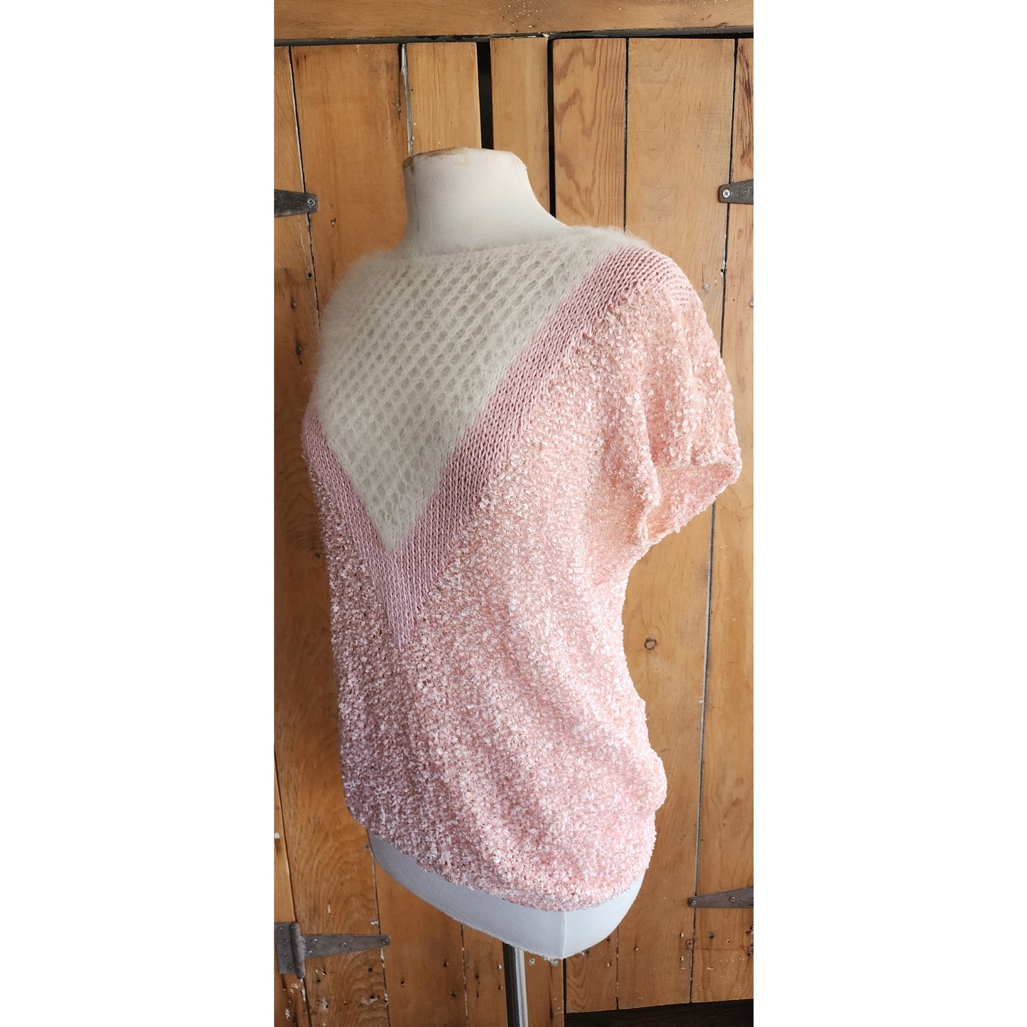 Vintage 80s Pink Knit Top White Angora Short Sleeves Signatures