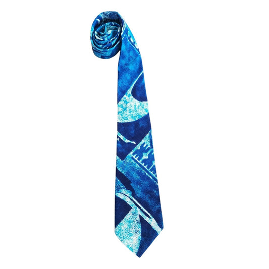 Vintage 60s Mens Necktie Blue Tiki Print Kanaka Hawaiian