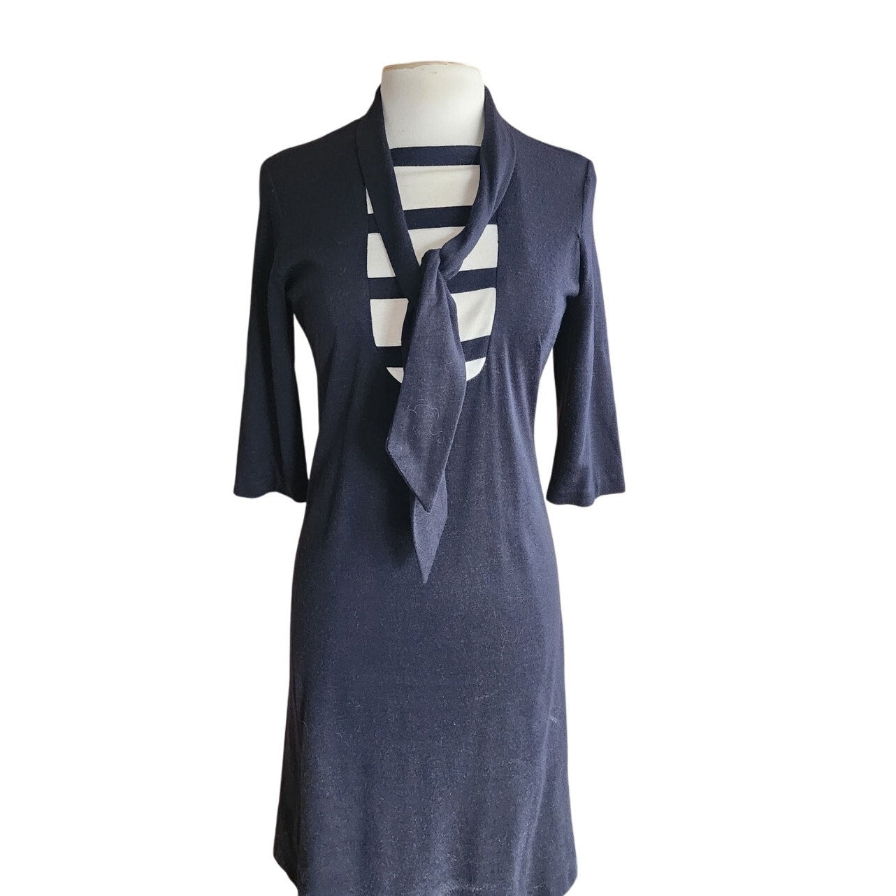 Vintage 1960s Mod Dress Black White Stripe Ascot Tie  Stretchy / Medium