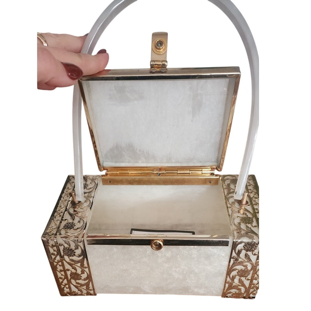 Vintage 1950s TYROLEAN NY Lucite Box Bag Pearl White Silver Filigree Art Deco