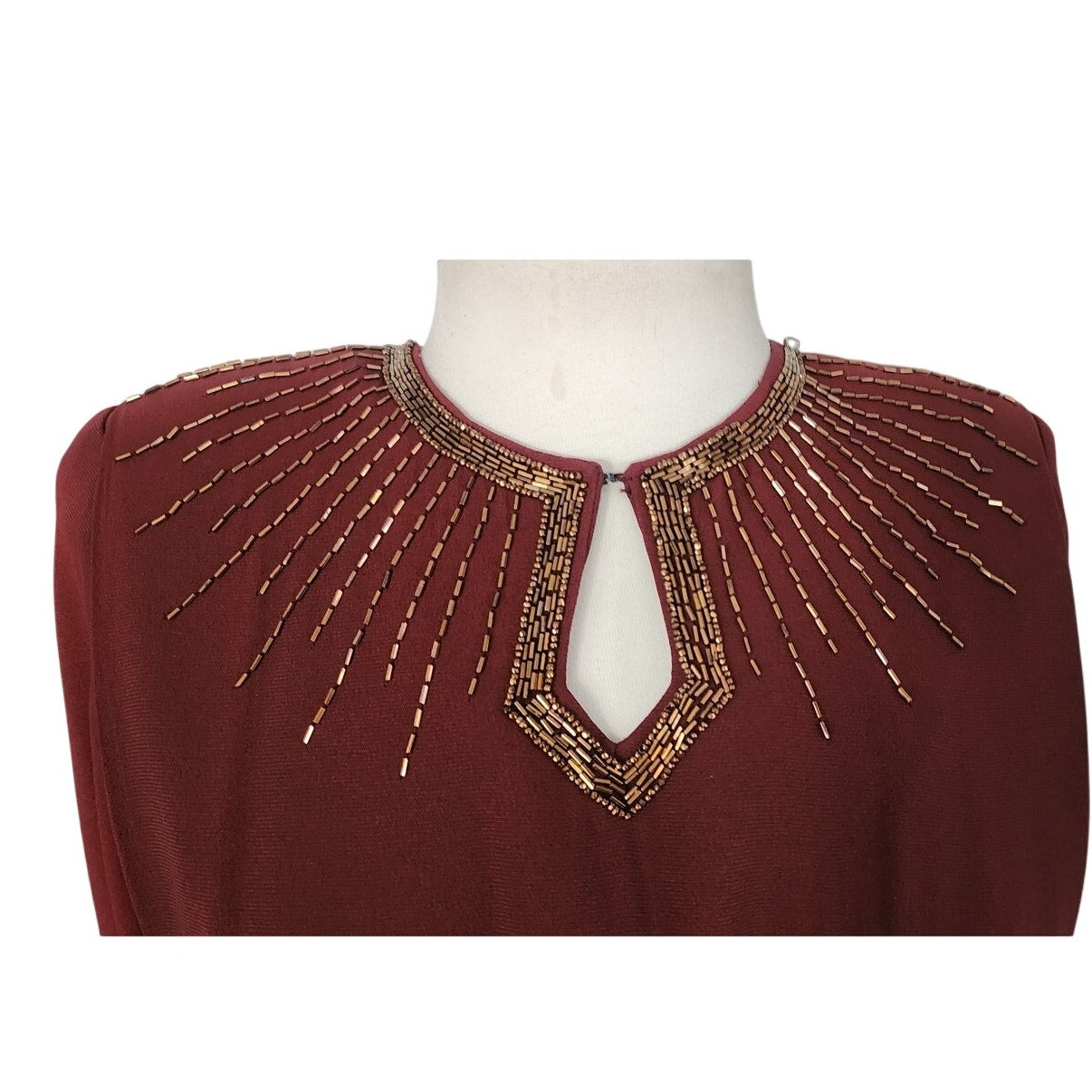 Vintage 1940s Beaded Dress in Brown Copper Crepe w/Keyhole Small