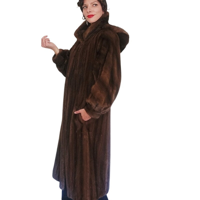 Vintage 1980s Sable Fur Coat Long Ankle Length Hoode