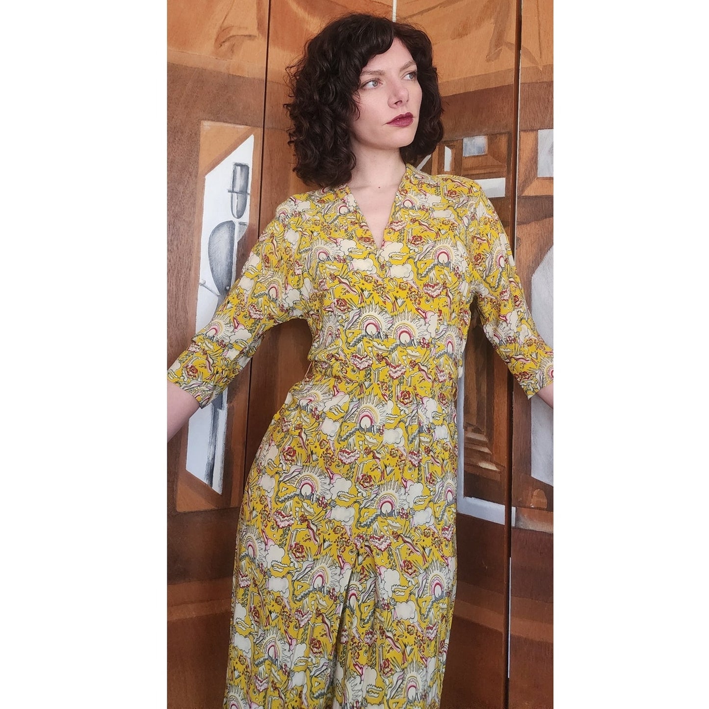 Vintage 1940s Yellow Rayon Novelty Print Midi Dress XS