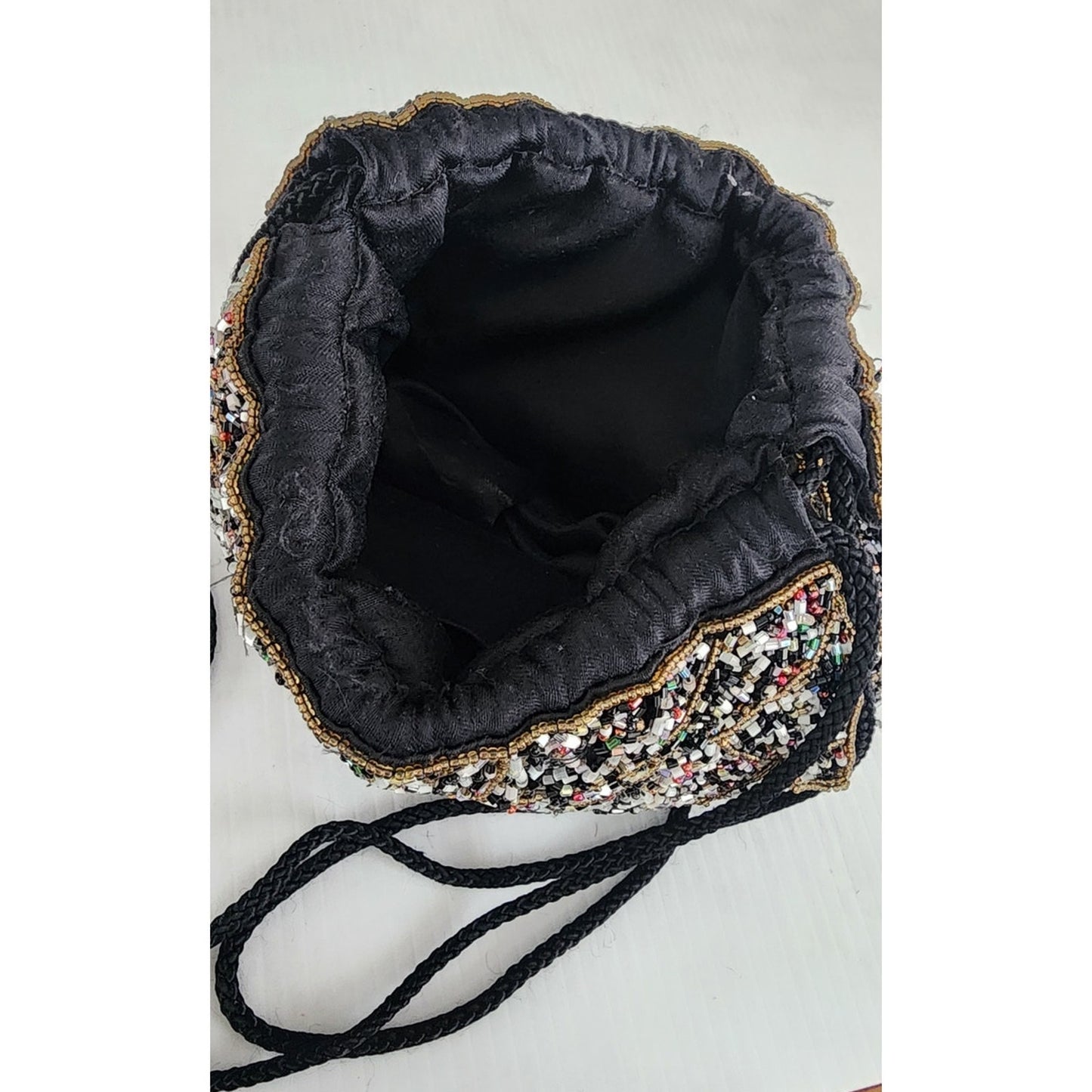 Vintage Beaded Evening Bag Black Silk Drawstring Crossbody Purse