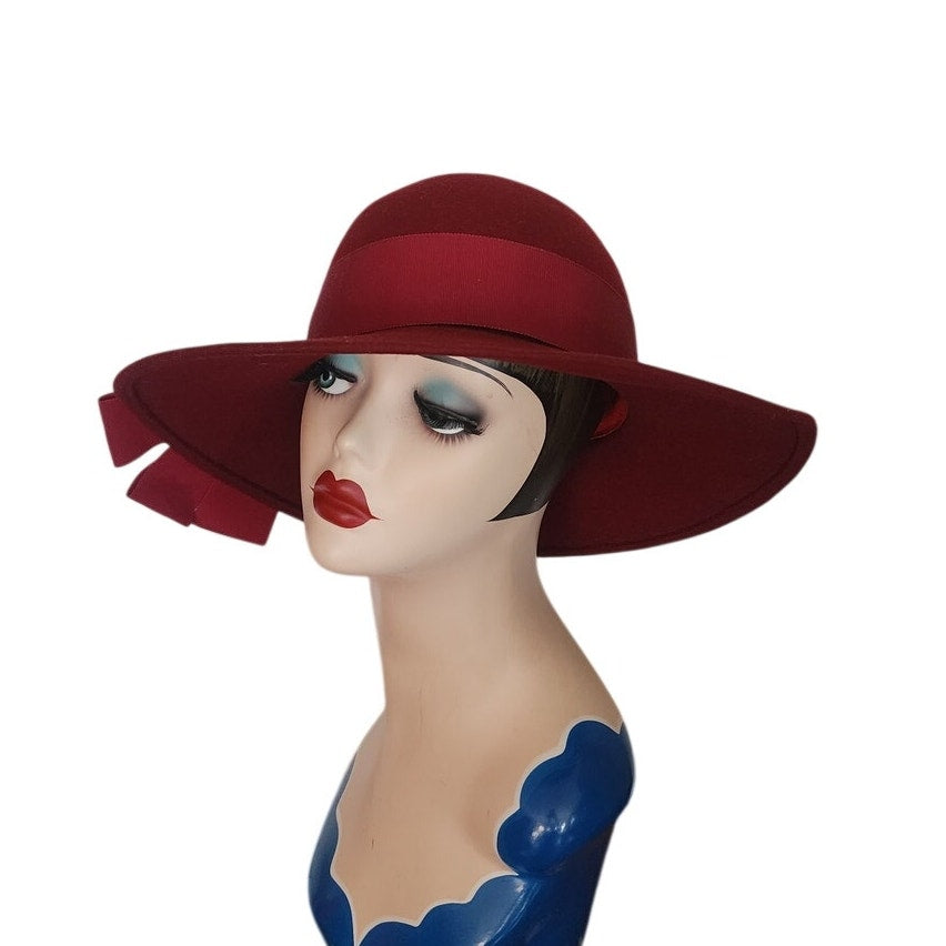Vintage 1970s Burgundy Red Hat Ladies Fedora Wid Brimmed Georgi