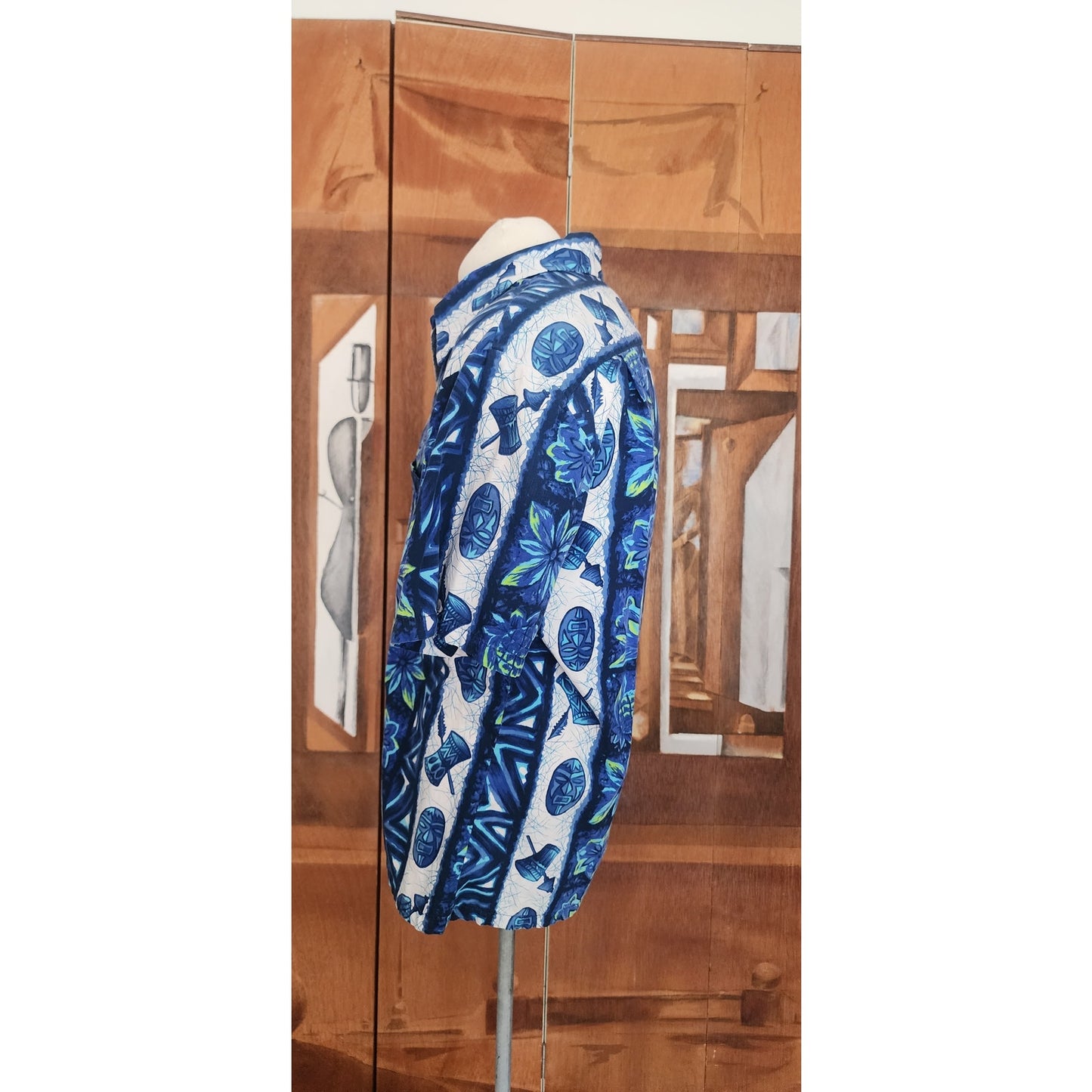 Vintage 60s Ui-Maikai Men's Blue Hawaiian Tiki Shirt Cotton Short Sleeve