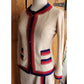 Vintage 60s Adolfo Skirt Suit Cream Blue Red  Knit in Chanel Style