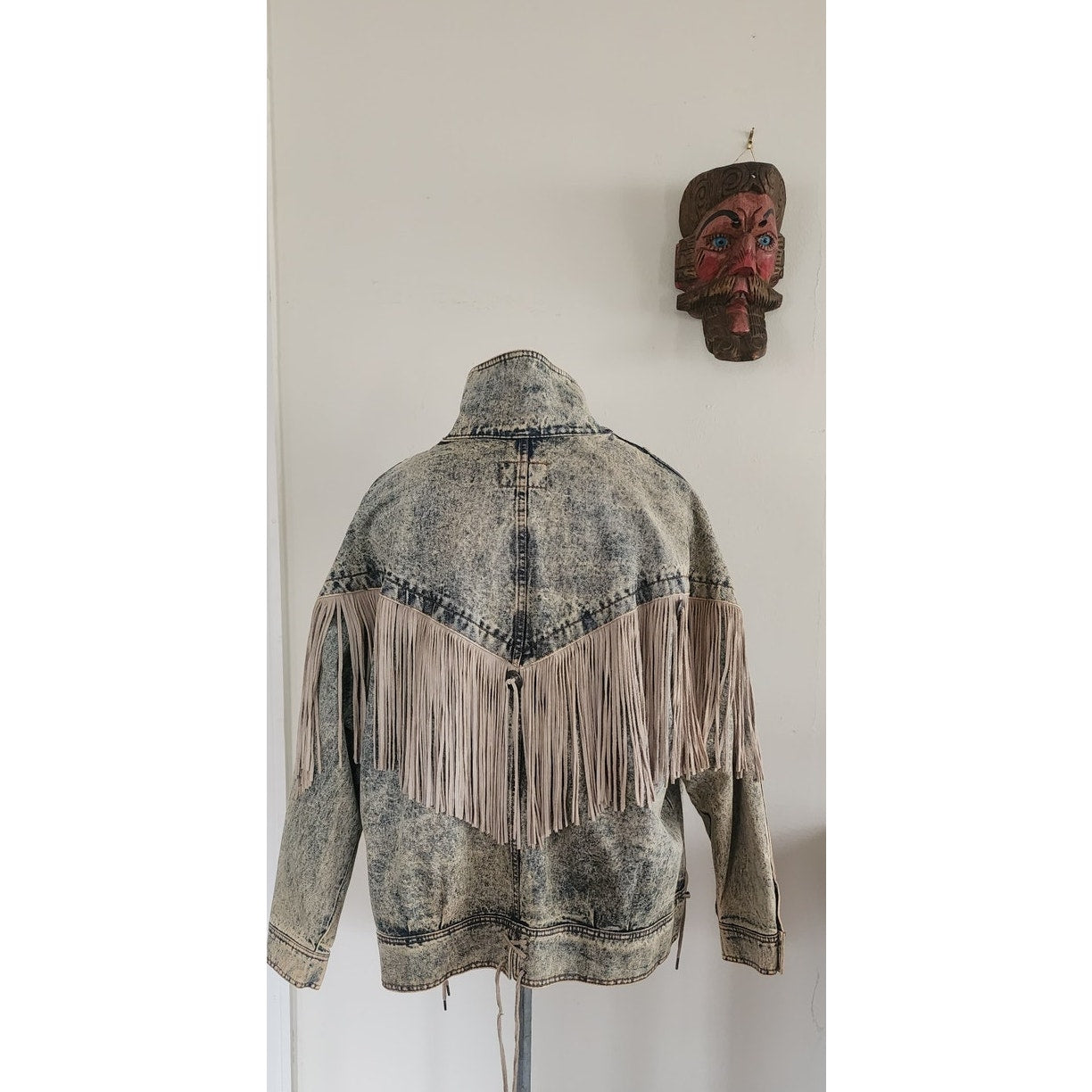 Vintage 80s Rock Creek Trading Co Acid Wash Denim Jacket PLUS SIZE Leather Fringe, Western Style