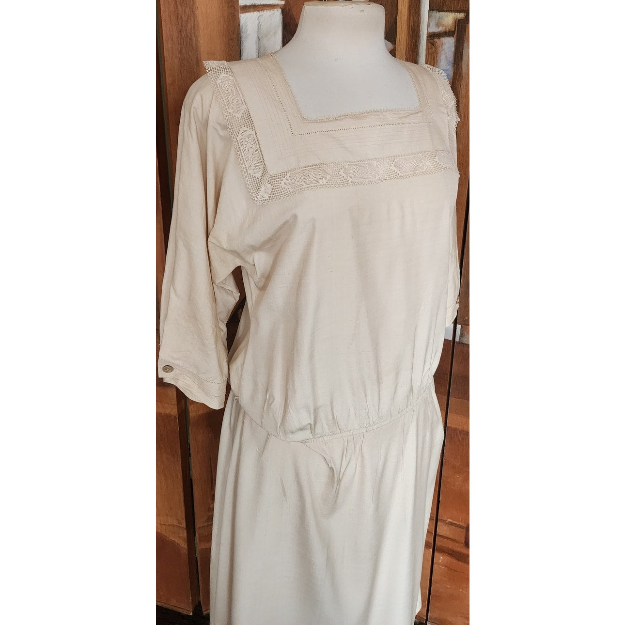 Vintage 80s Cream Silk Dress Lace Trim Edwardian Style Norma Walters