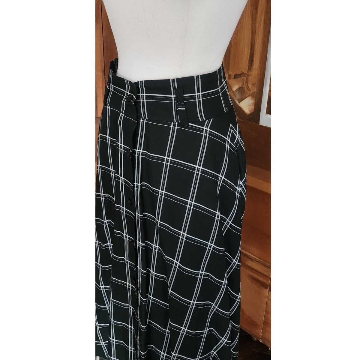 Vintage 1990s Anne Klein II Long Skirt Black Linen White Plaid Button Down / M