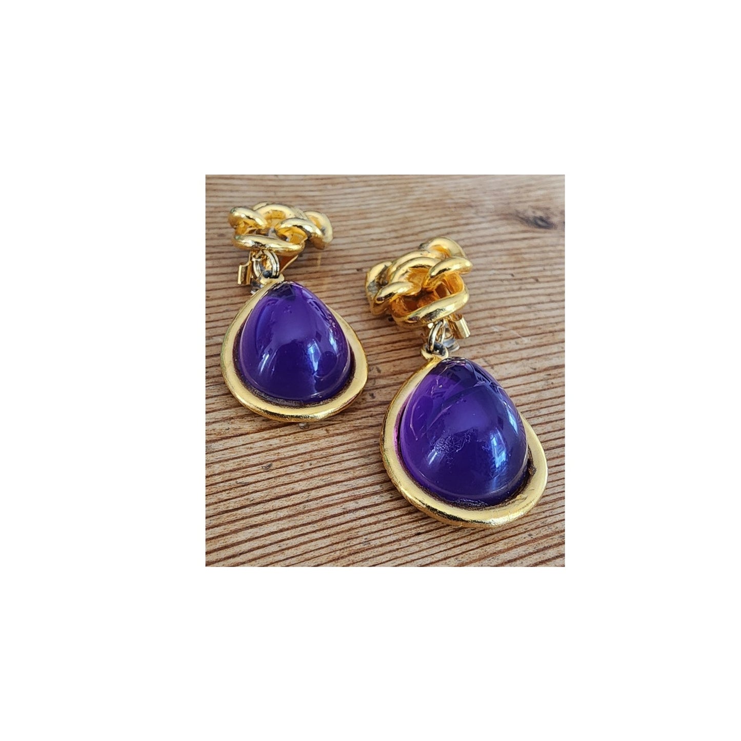Vintage 1980s Clip Earrings Gold Purple Teardrop Etruscan Revival Chunky Oversized
