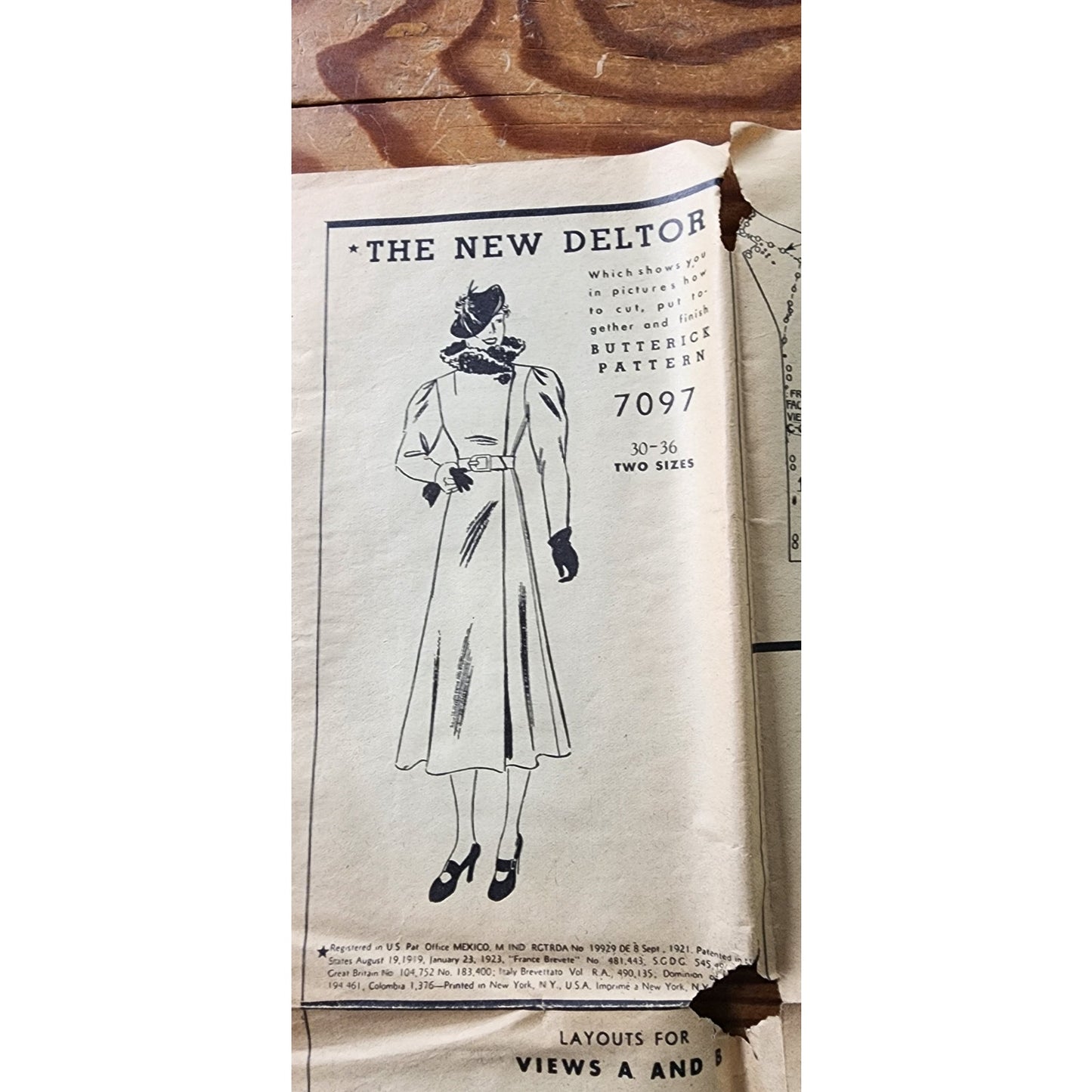 Vintage 30s Sewing Pattern of Fitted Coat w/Collar Butterick 7097 Size 33 Bust