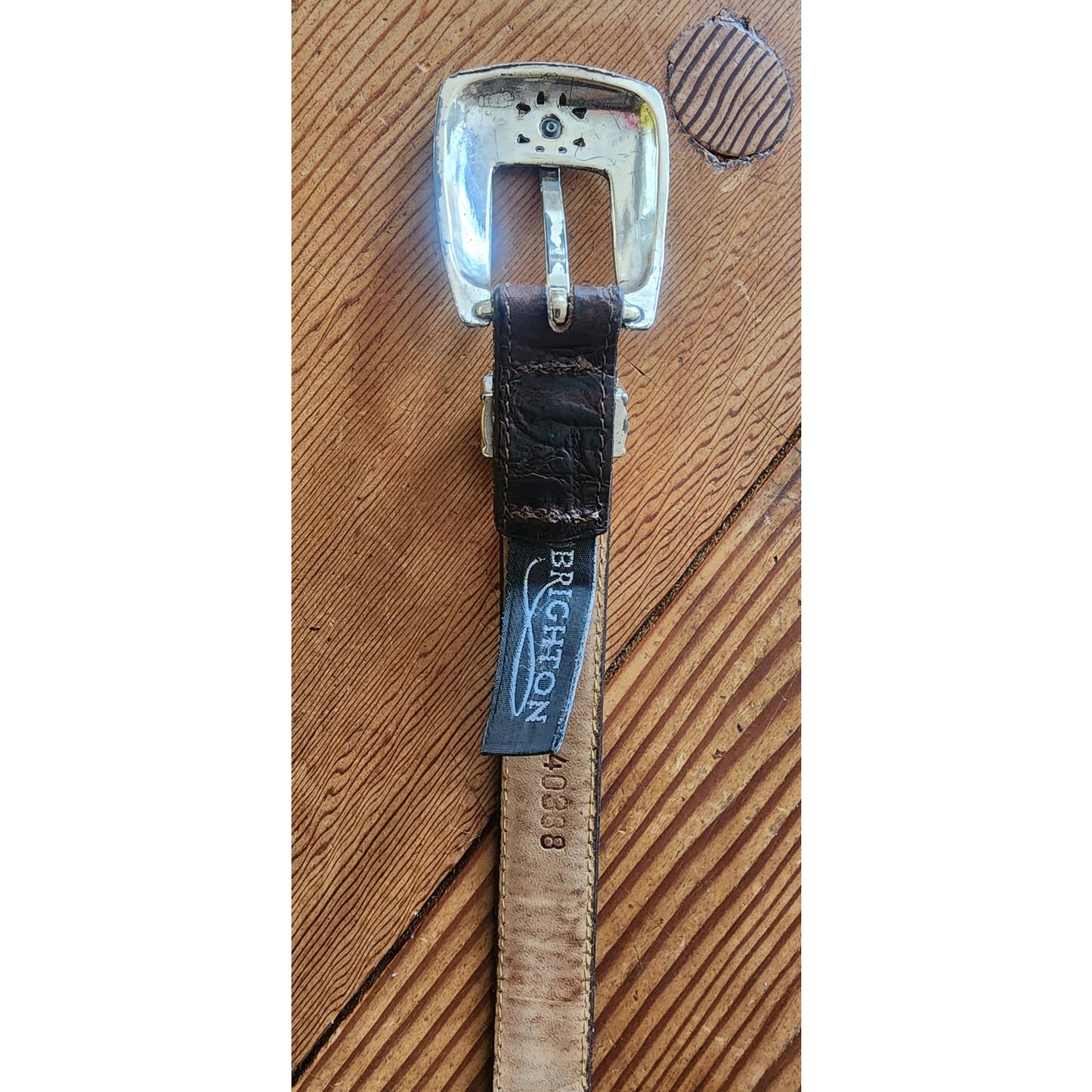 Vintage 1990s Brighton Leather Belt Black Leahter Beige Canvas Silver Buckle 28