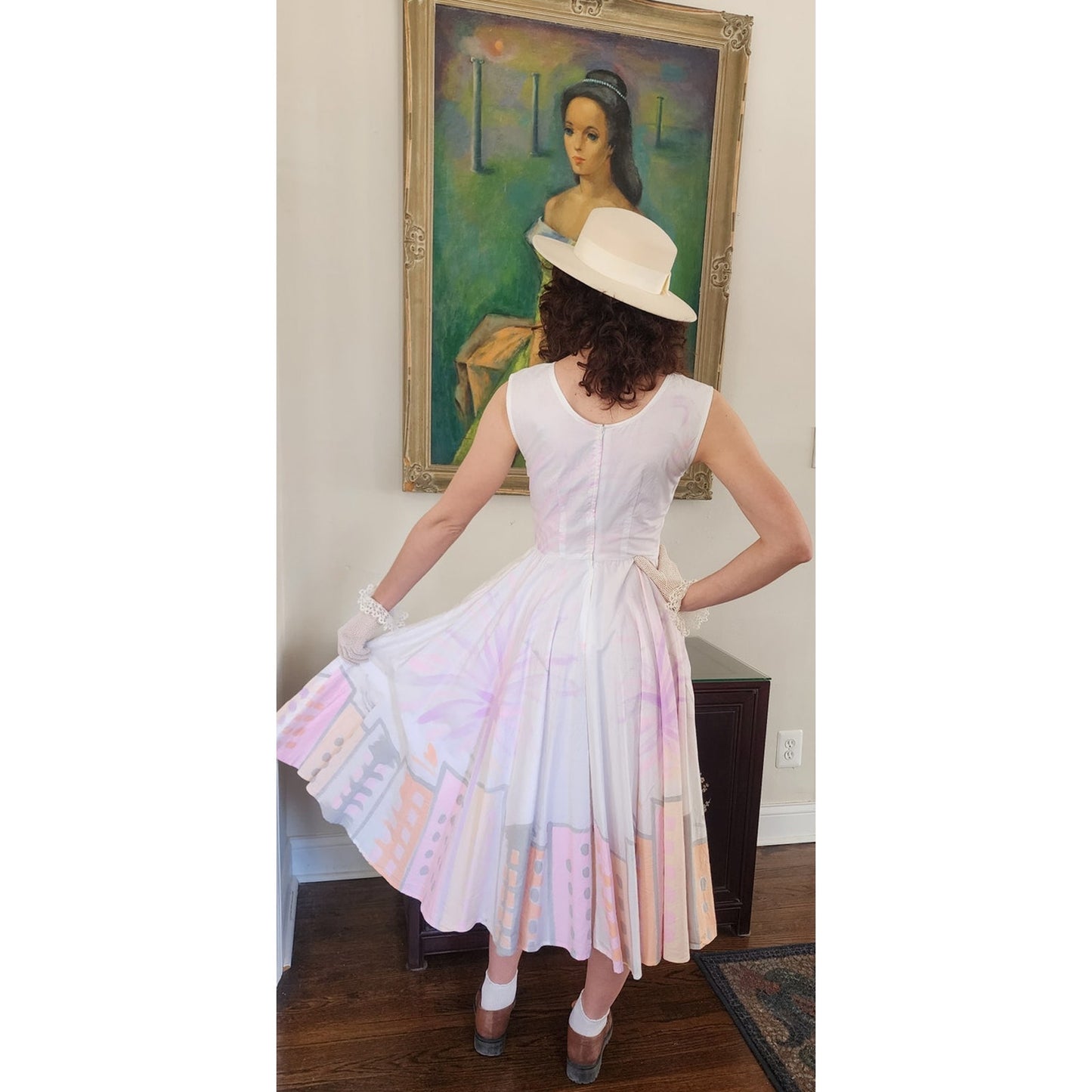 Vintage 90s Cotton Print Sun Dress Sleeveless White Pink Cityscape Print Circle Skirt / S