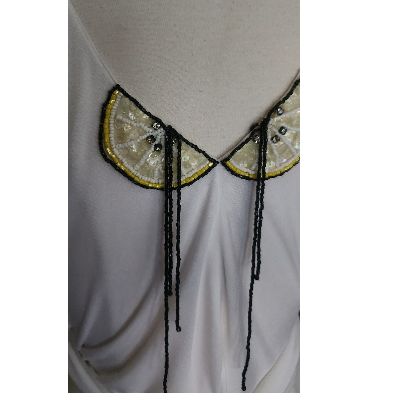 Vintage 1980s Holly Harp Top or Tunic Silk Jersey Embroidered Fruit Sequins Beaded Fringe
