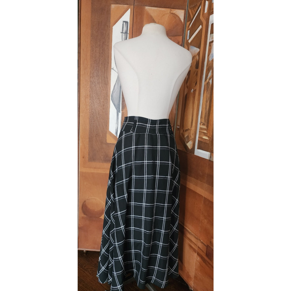 Vintage 1990s Anne Klein II Long Skirt Black Linen White Plaid Button Down / M