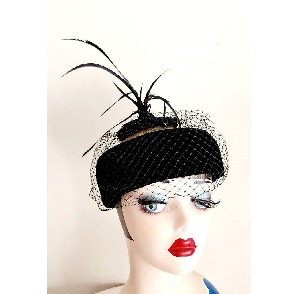 Vintage 50s Black Cocktail Hat Velvet Pillbow w/Mesh and Tall Feathers