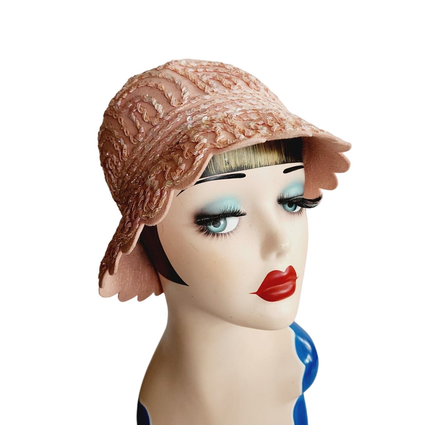 Vintage Pink Cloche Hat Beaded Wool 60s Does 20s Style Neco