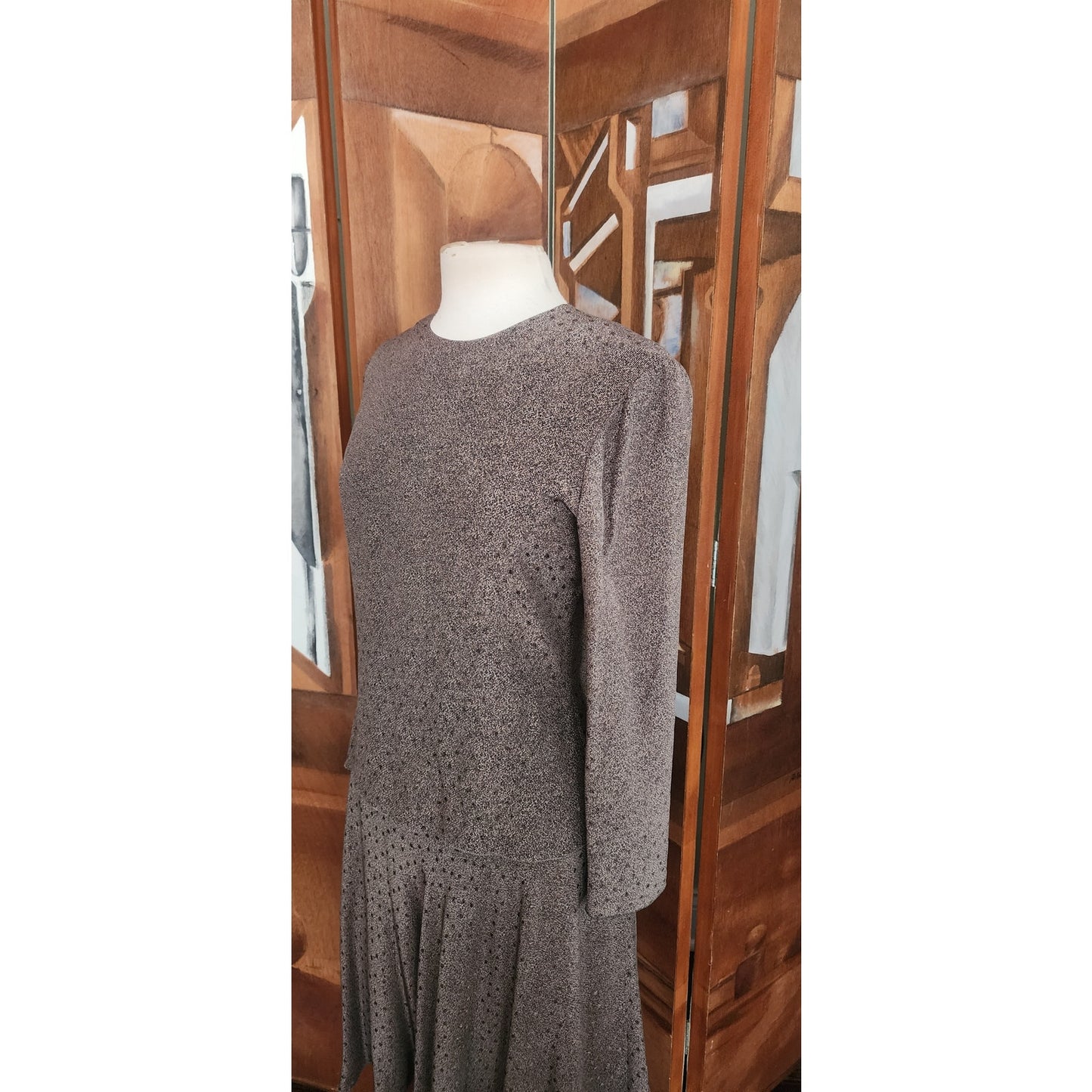 Vintage 1980s Giorgio Armani Dress Gray Silk Abstract Print Midi Long Sleeve