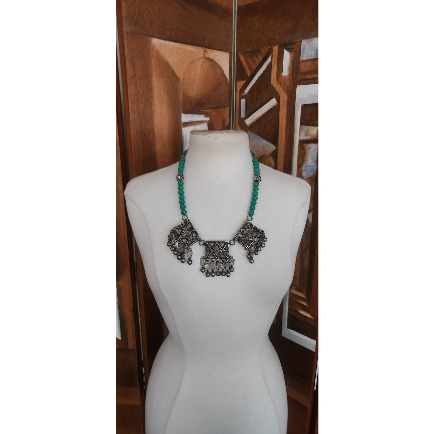 Vintage Tibetan Nepali Bib Necklace Dyed Agate Blue Beads Sterling Silver Clasp