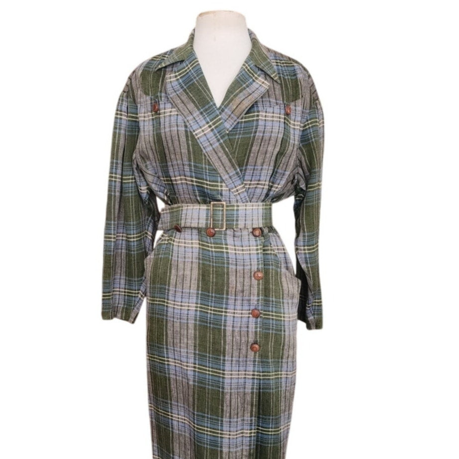 Vintage 1980s Thierry Mugler Dress Plaid Linen w/ Fringe Wrap Style Midi