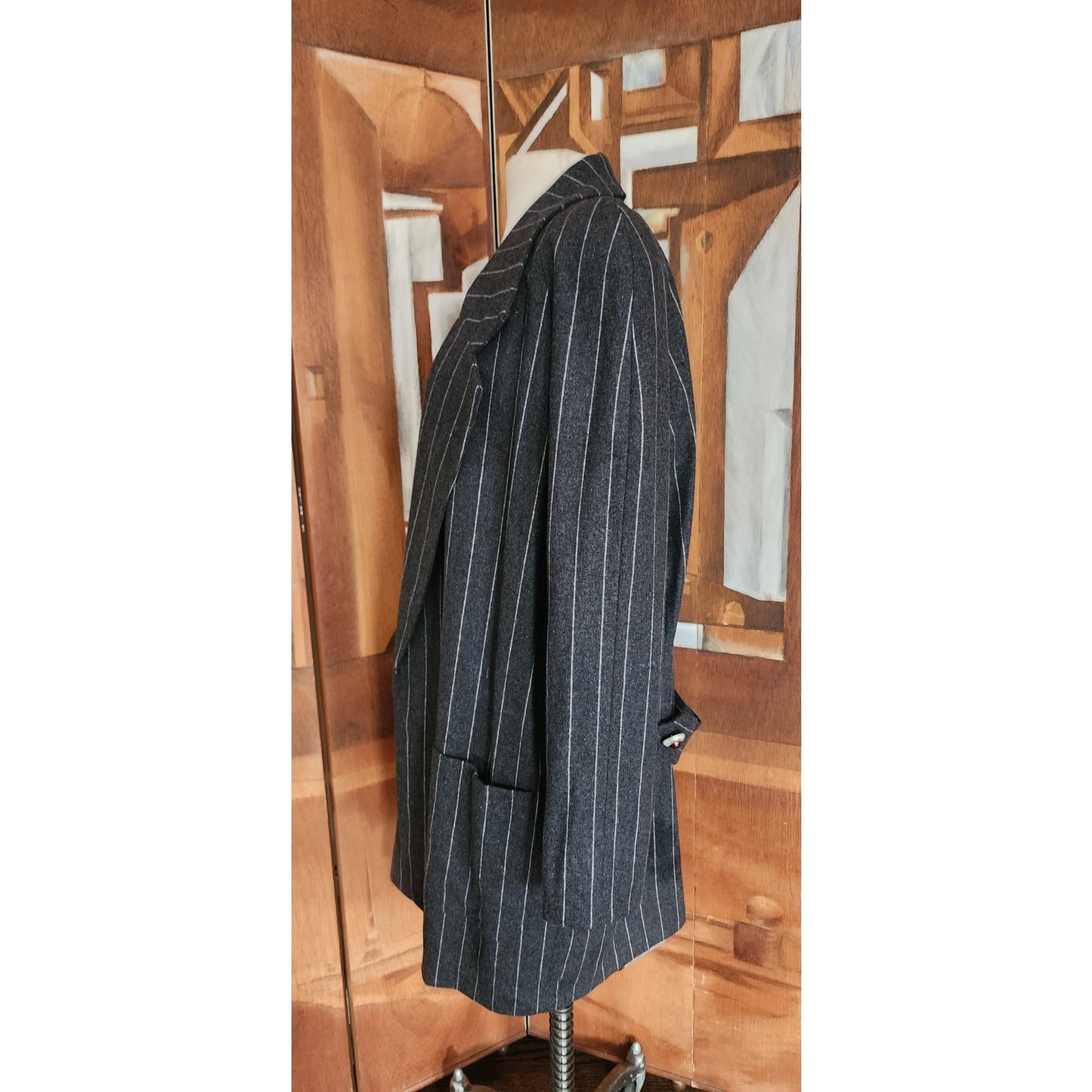 Vintage 80s Oversized Blazer Gray Pinstriped Long Jacket / L