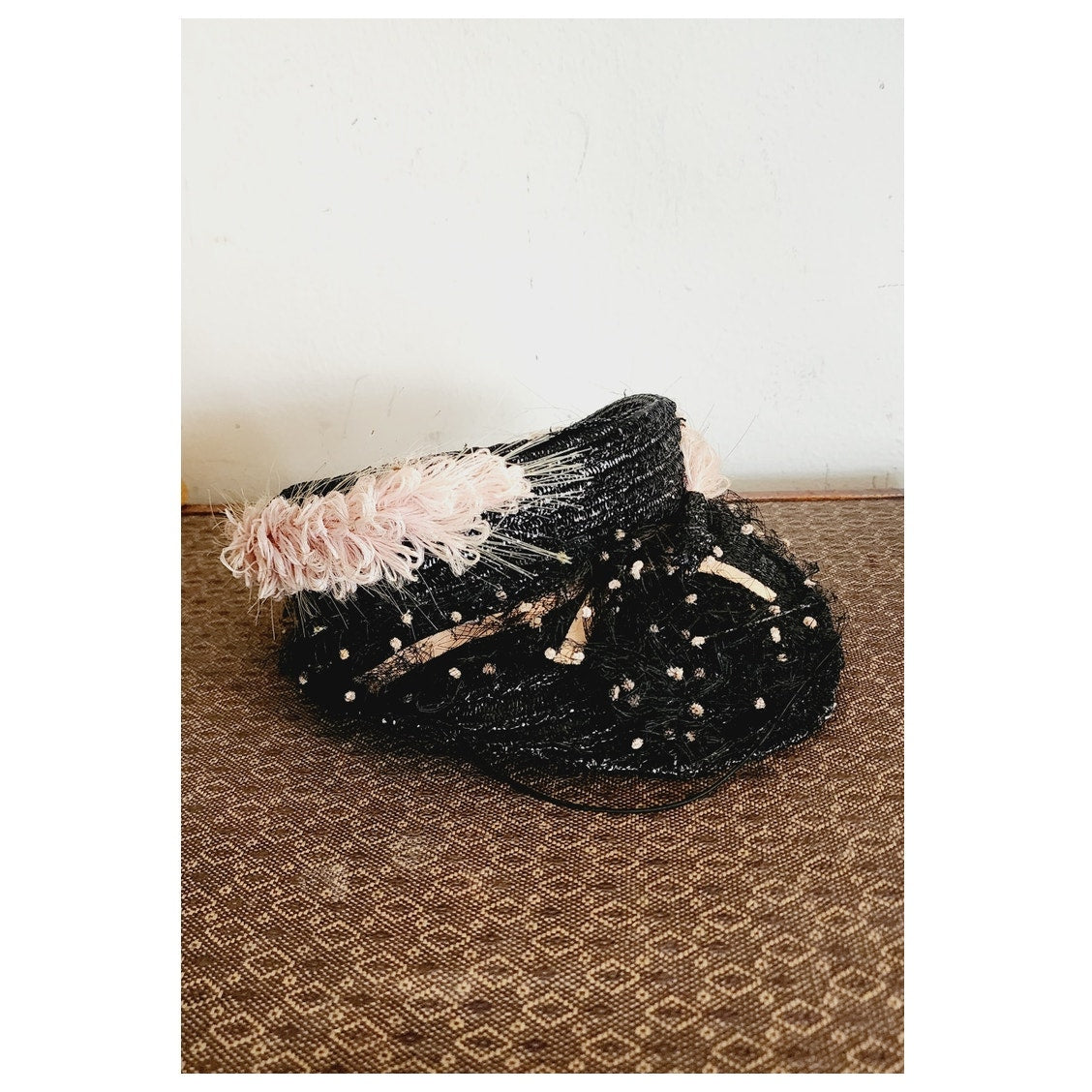Vintage 1940s Tilt Top Boater Hat Black Straw & Pink Trim