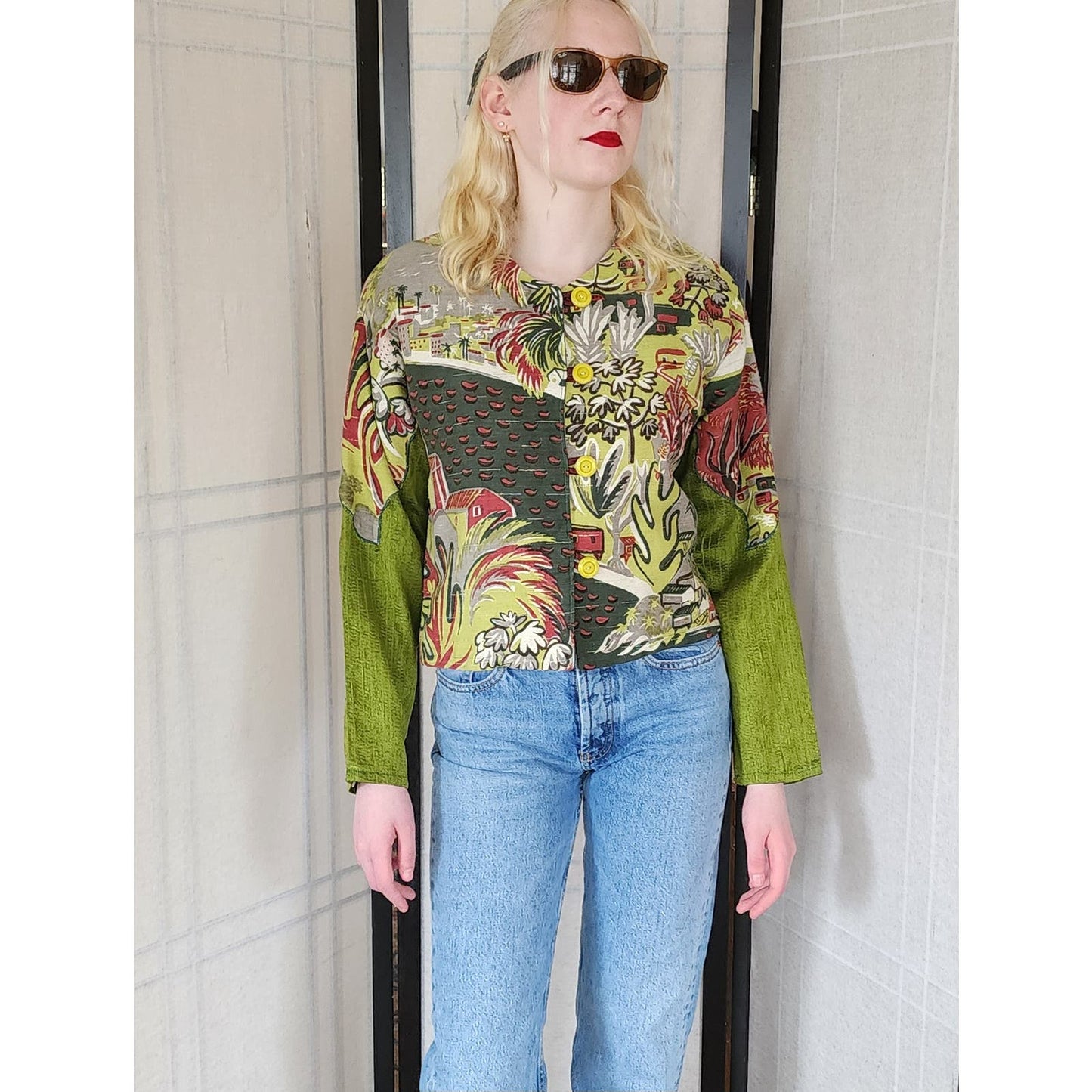 90s Cropped Blazer Novelty Print Sante Fe Style Village Cotton Canvas