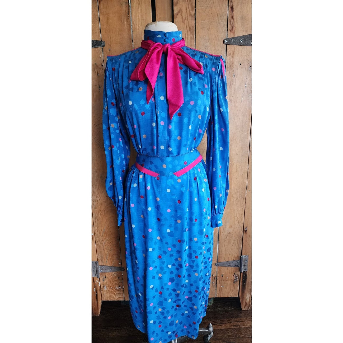 Vintage 80s Blue Silk Dress Polkadot Print Francesca Damon Starington