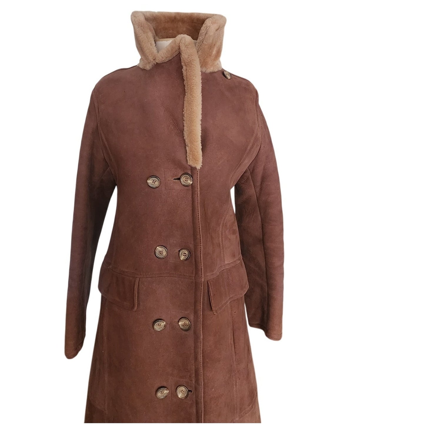 Vintage 70s Shearling Coat Brown Suede Long Parka Double Breasted