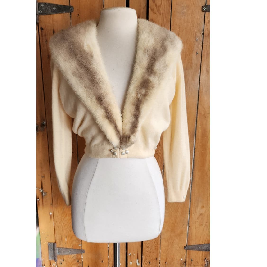 Vintage 50s Cream Cashmere Cardigan Blonde Mink Collar