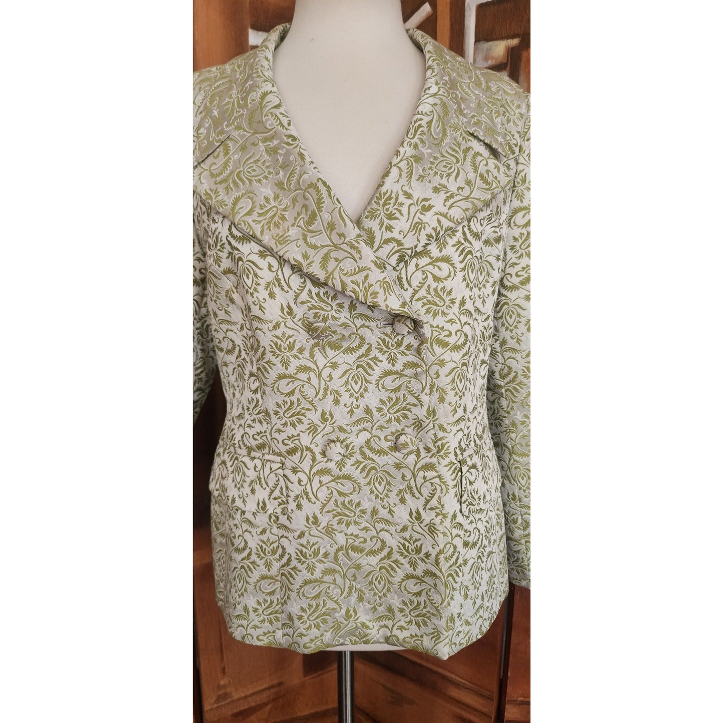 Vintage 1980s ESCADA COUTURE Blazer Green Leaf Print Jacket Double Breasted 40
