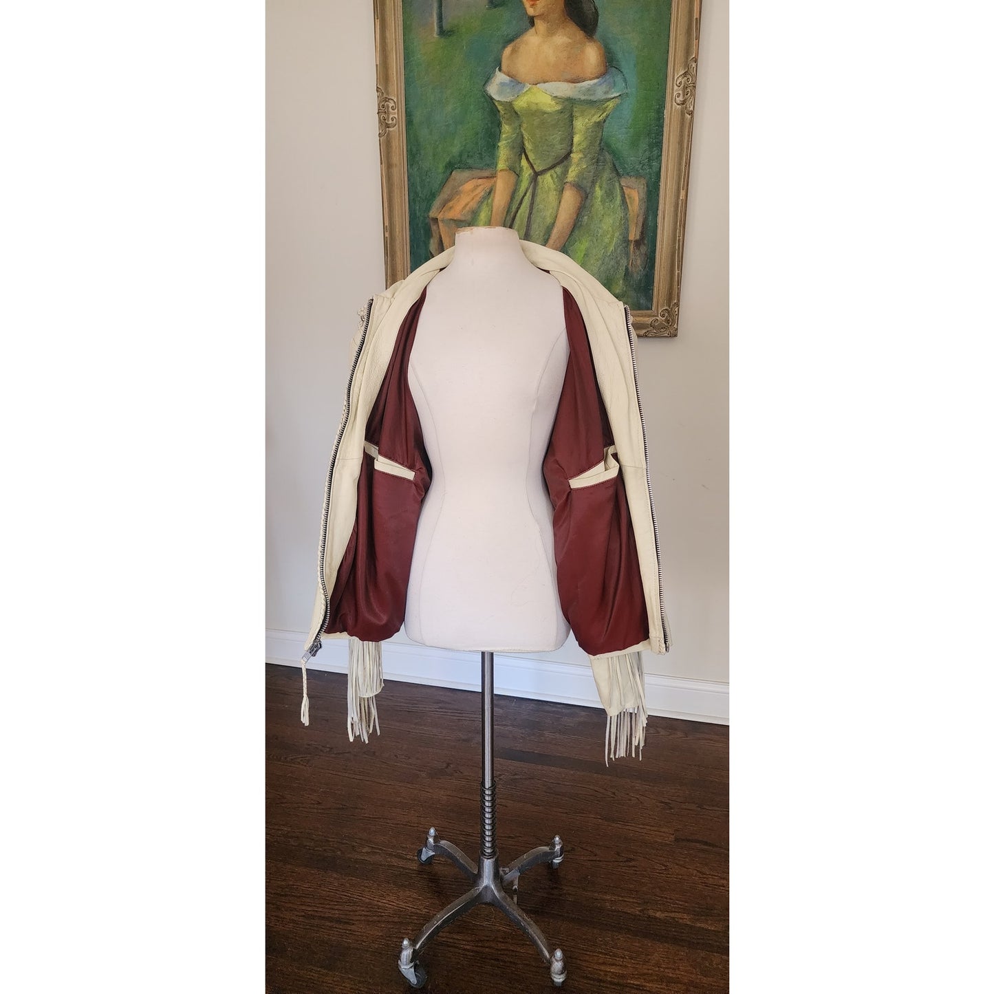 Vintage 1980s White Leather Jacket SUNRIDERS Fringe, Studs & Bone Beads XXL