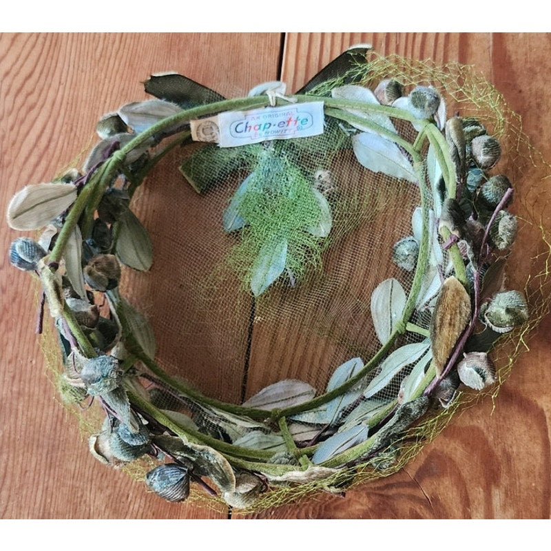 Vintage 1950s Green Hat Floral Fruit Crown Circlet Fascinator w/Veil by Chapette