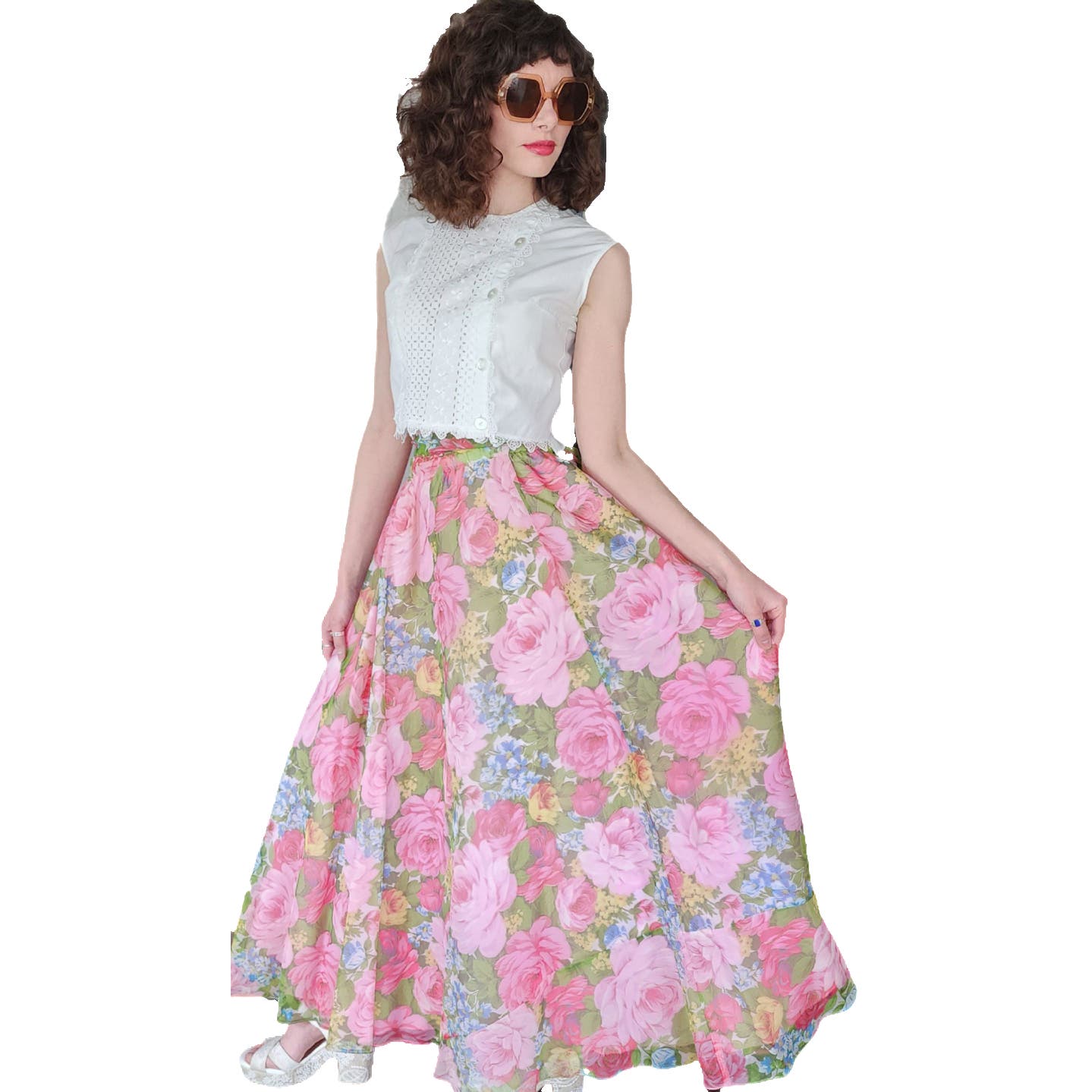 Vintage 70s Maxi Skirt Elastic Waist Pink Floral Print Saks Fifth Avenue