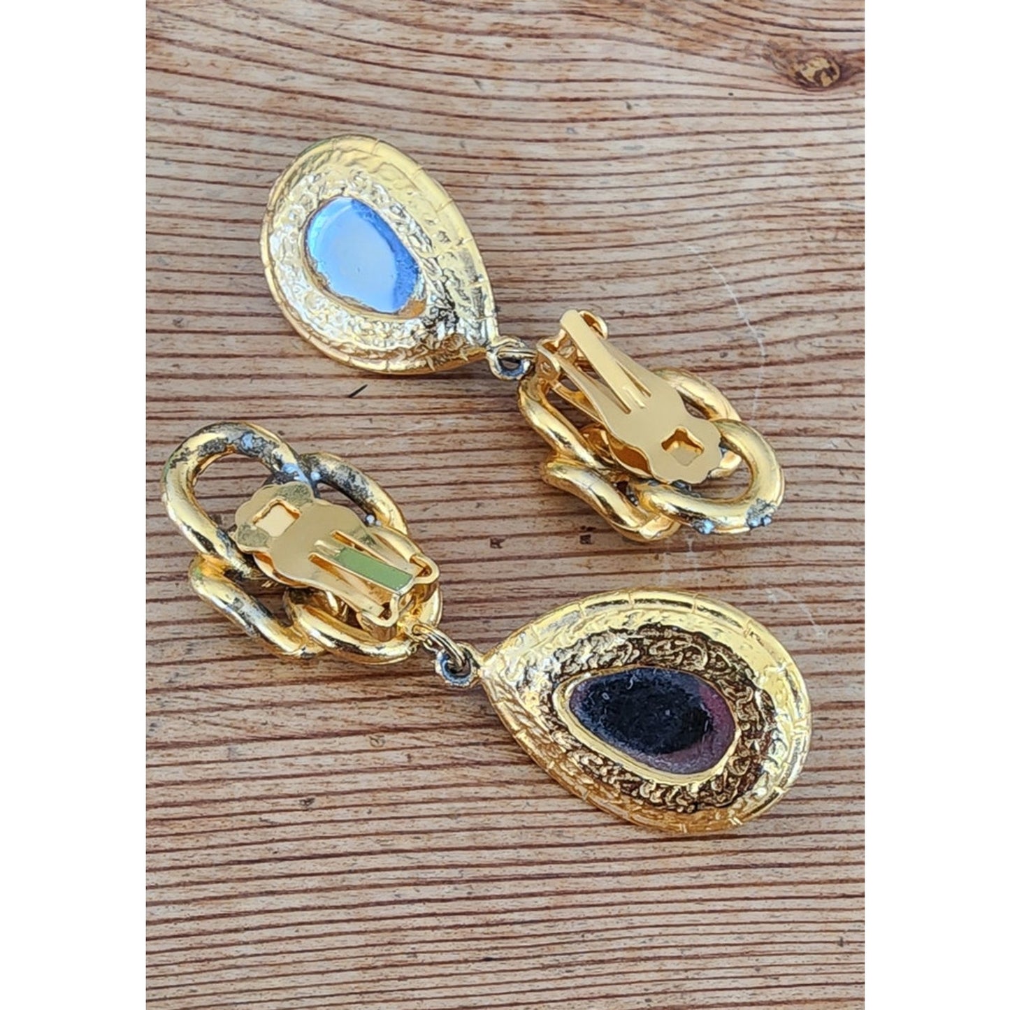 Vintage 1980s Clip Earrings Gold Purple Teardrop Etruscan Revival Chunky Oversized