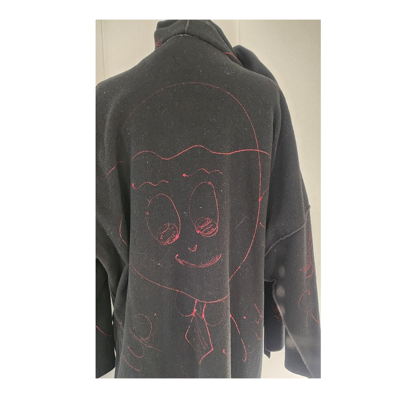 80s Black Slouch Coat Black Wool Red Graphics by Phobeau