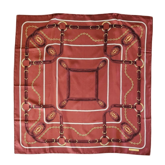 Vintage CARTIER Silk Scorf Brown & Gold Print Square